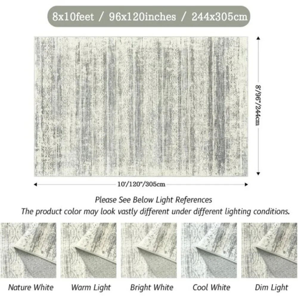 New 8x10 Modern Abstract Rug, Washable Non-Slip Stain-Resistant Carpet in Grey